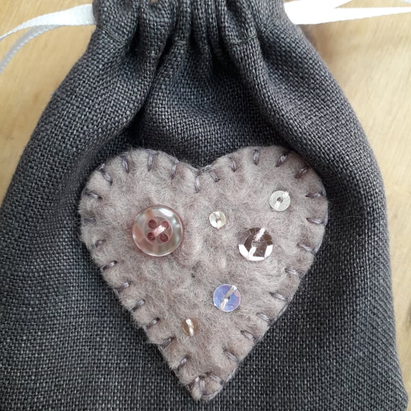 Linen Drawstring Pouch, Charcoal with Dusky Pink Heart