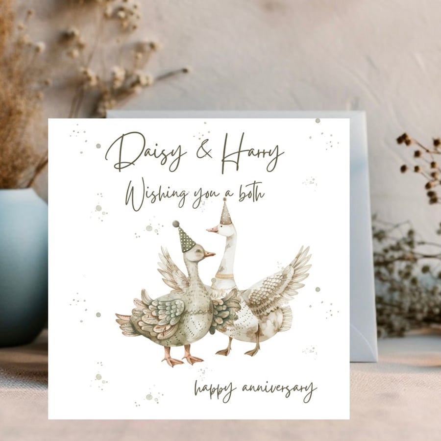 Cute Party  Geese Watercolour Anniversary Card  can be personalised