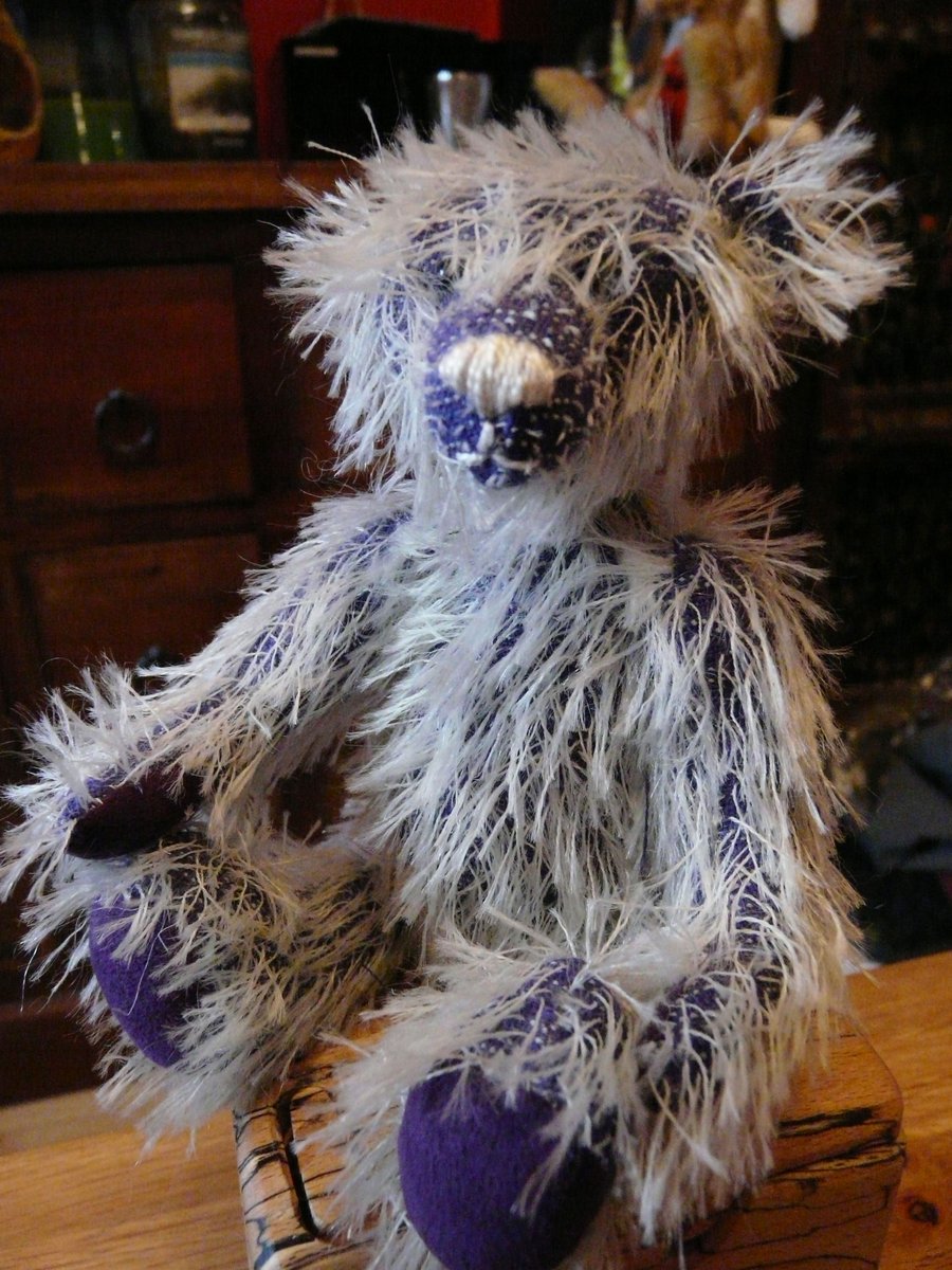 8" Handmade, Jointed Mohair Bear. Purple and Cream