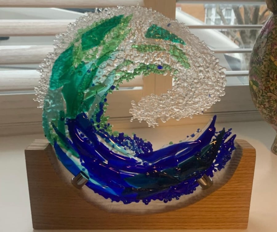 Large Stunning Fused Glass Wave Fused Glass Art