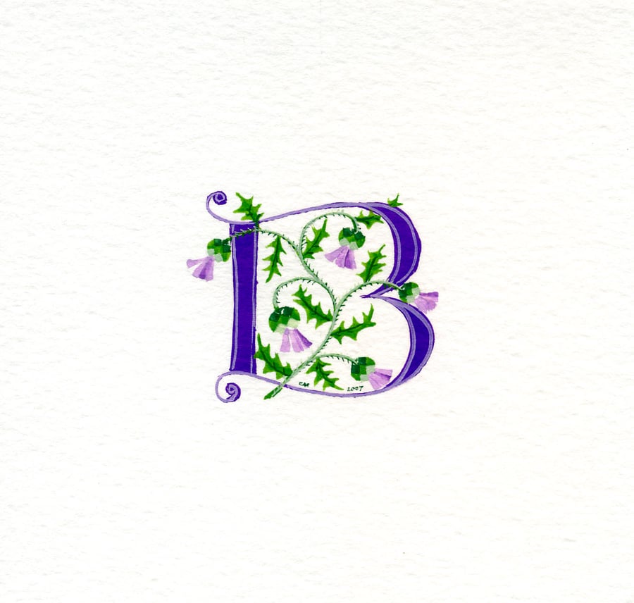 Personalised letter in purple with thistles handmade birthday.