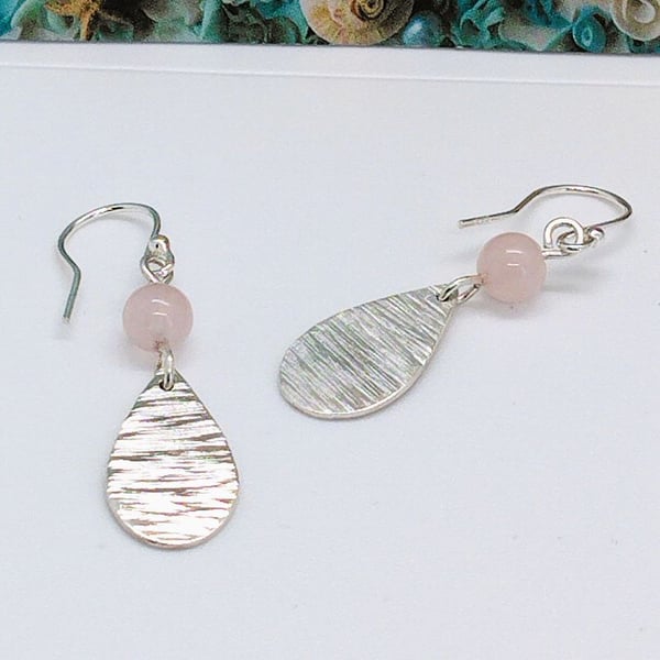 sea ripples drop earrings sterling silver teardrop rose quartz gemstone