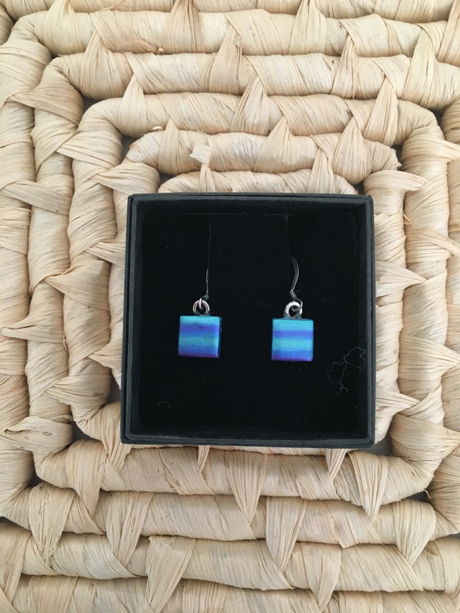 Simple Tiny Square Peacock Tone Drop Earrings