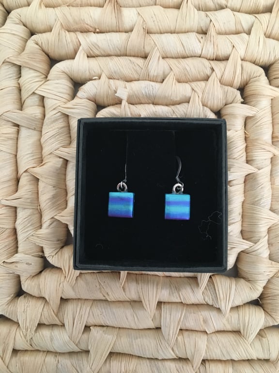 Simple Tiny Square Peacock Tone Drop Earrings