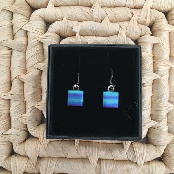 Simple Tiny Square Peacock Tone Drop Earrings