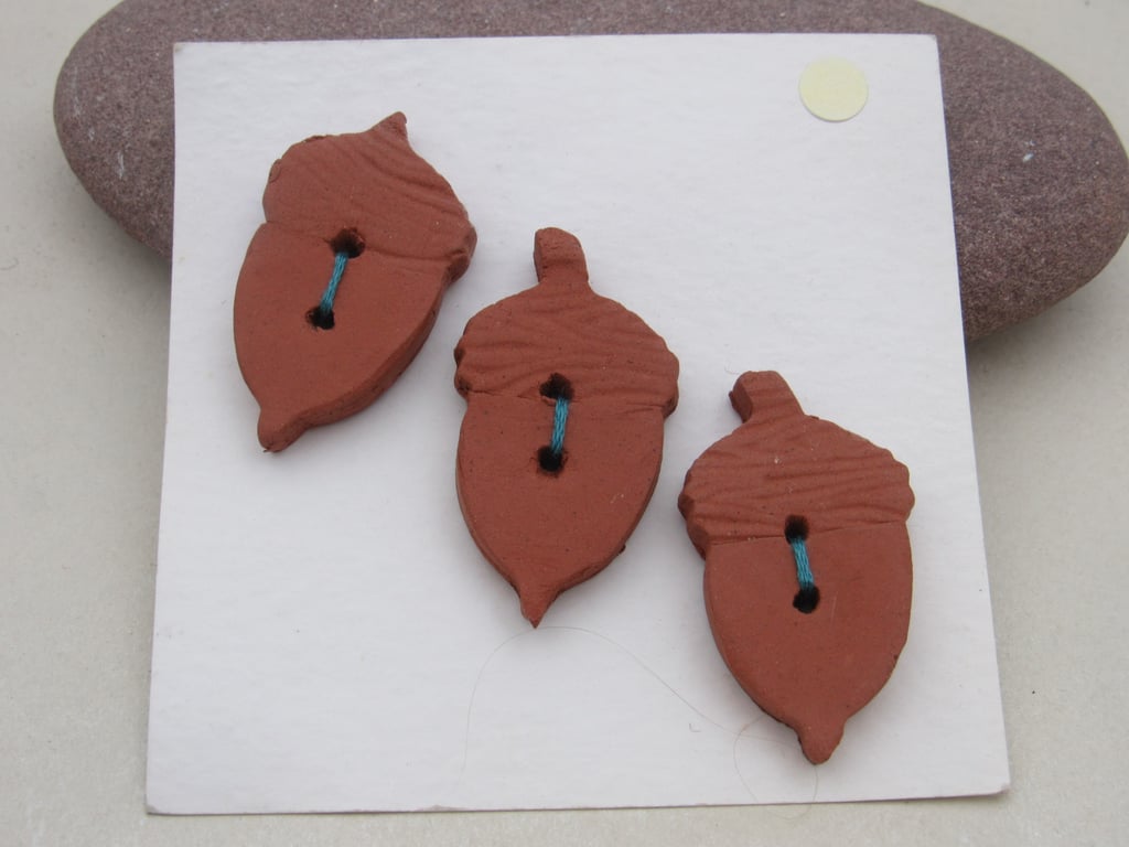 3 Woodgrain Acorn Terracotta Ceramic Buttons