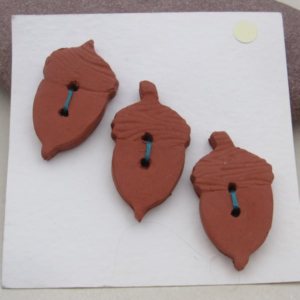 3 Woodgrain Acorn Terracotta Ceramic Buttons