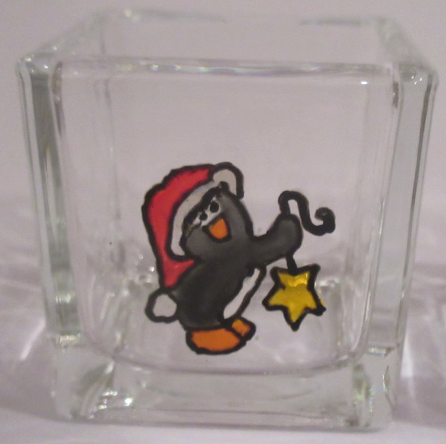 Square glass candle holder - hand painted penguin holding star