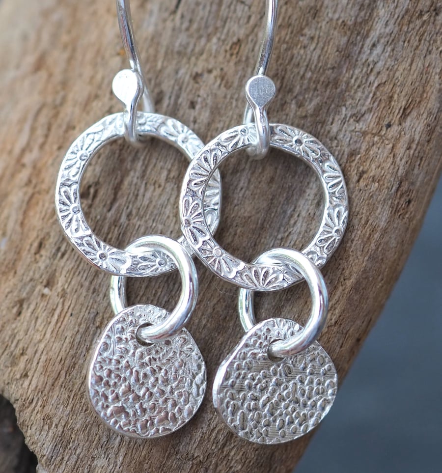 Silver Flower Hoop Drop Earrings, Handmade Silver Jewellery