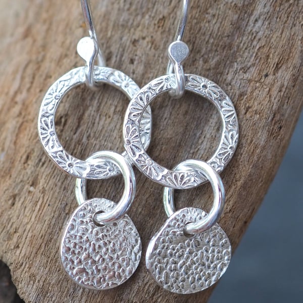 Silver Flower Hoop Drop Earrings, Handmade Silver Jewellery