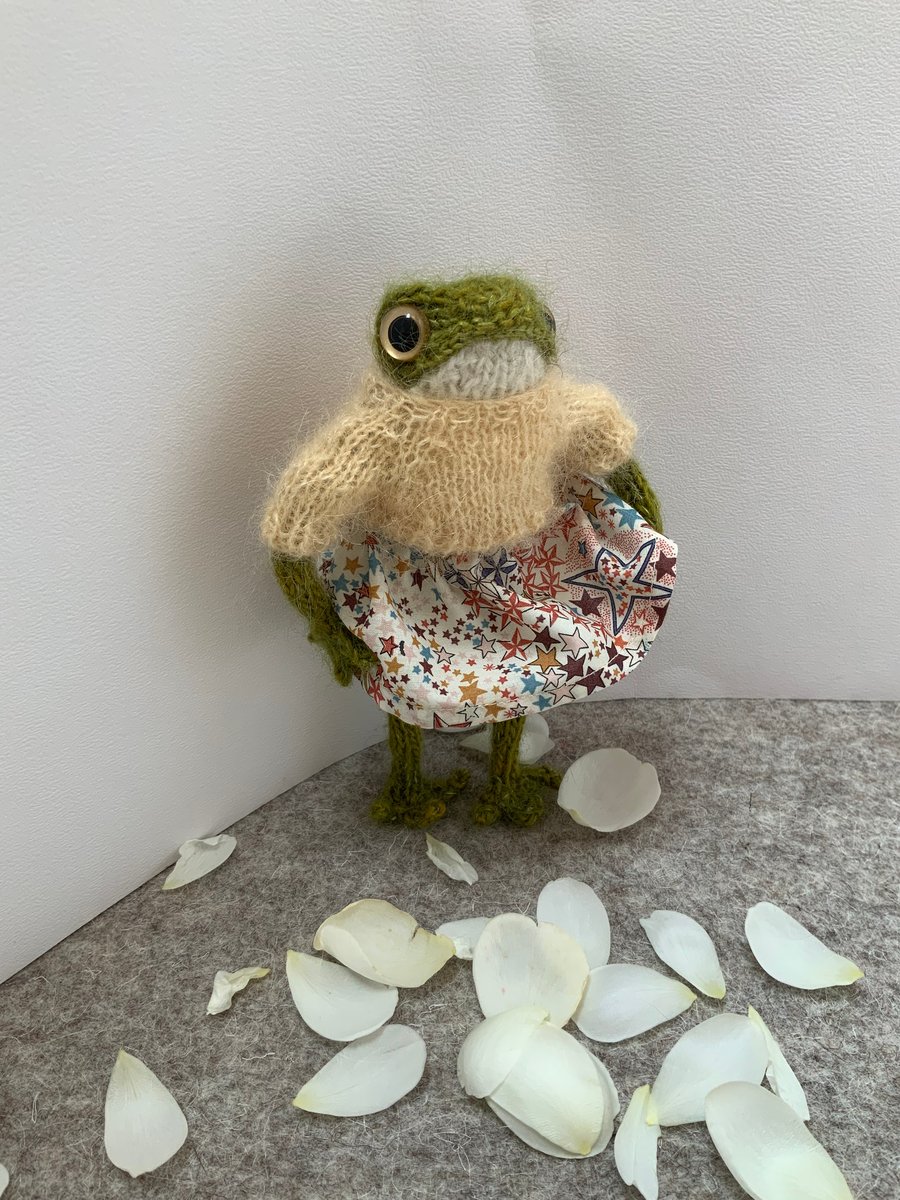 Little Hand Knitted Frog in Top and Liberty Print Skirt - Dot Pebbles Pattern 