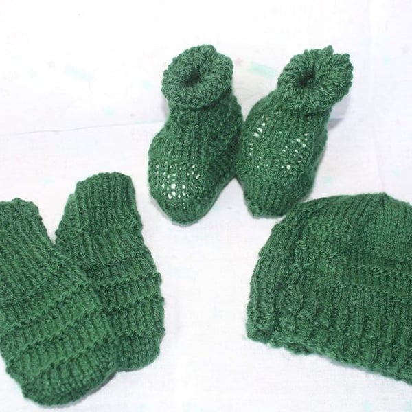 Hand Knitted 0-3 months hat, booties and mittens - Bottle Green