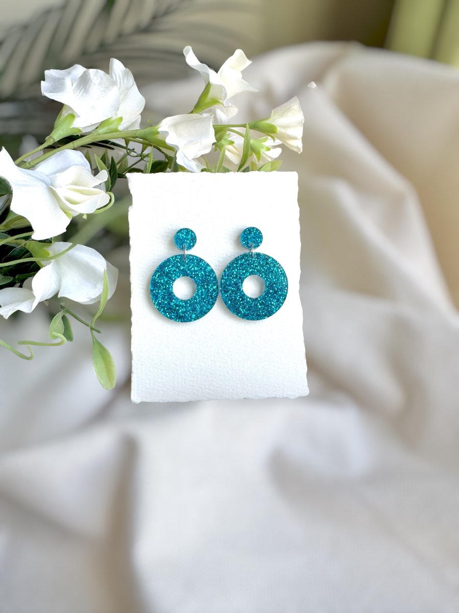 Teal Blue Glitter Hoop Acrylic Earrings - Sparkly Donut Drop Dangles