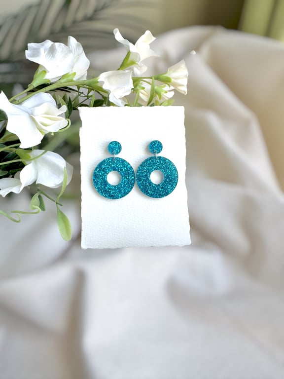 Teal Blue Glitter Hoop Acrylic Earrings - Sparkly Donut Drop Dangles