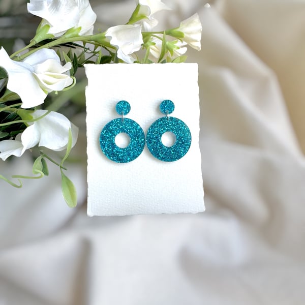 Teal Blue Glitter Hoop Acrylic Earrings - Sparkly Donut Drop Dangles