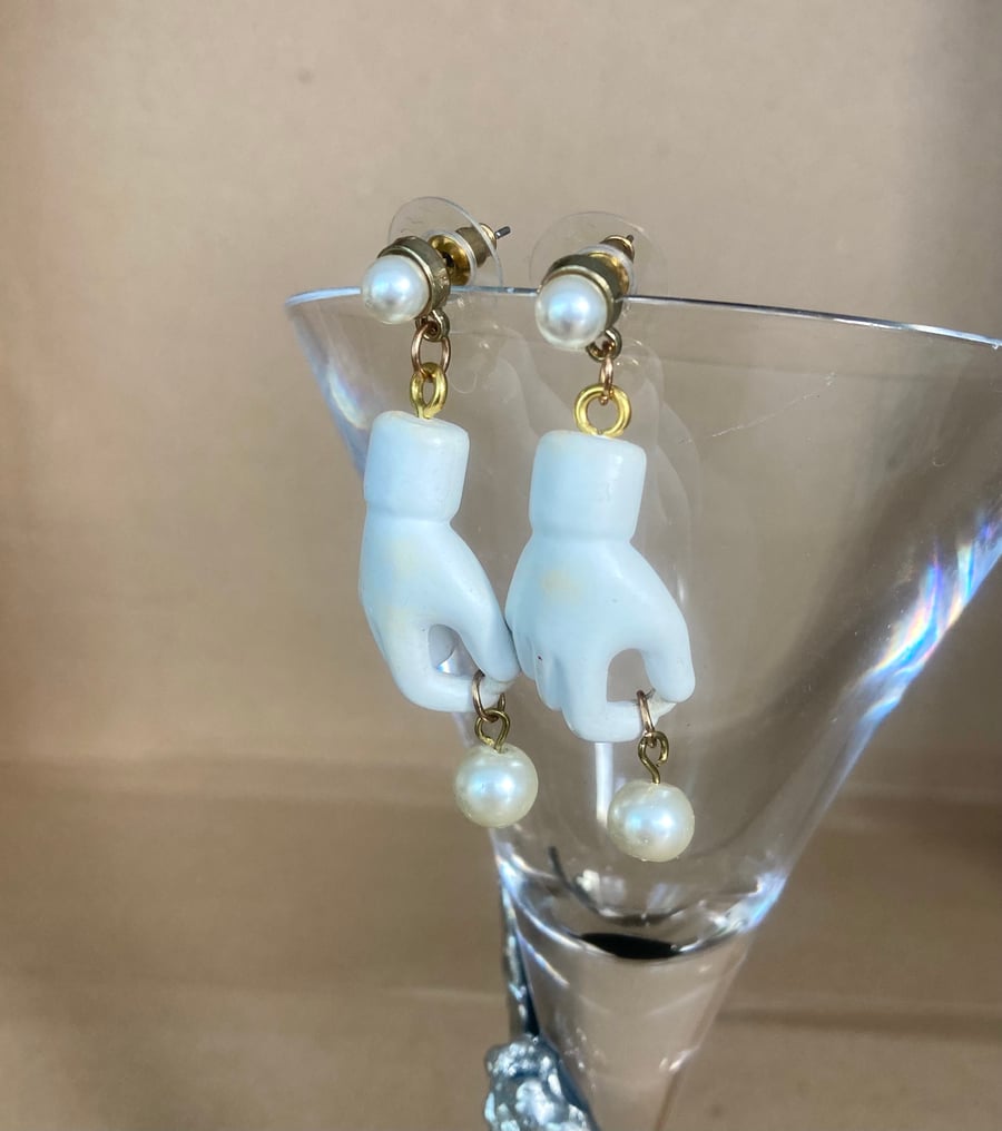 Vintage Kitsch Upcycled Ceramic Hand Faux Pearl Dangle Earrings - Creepy Fashion