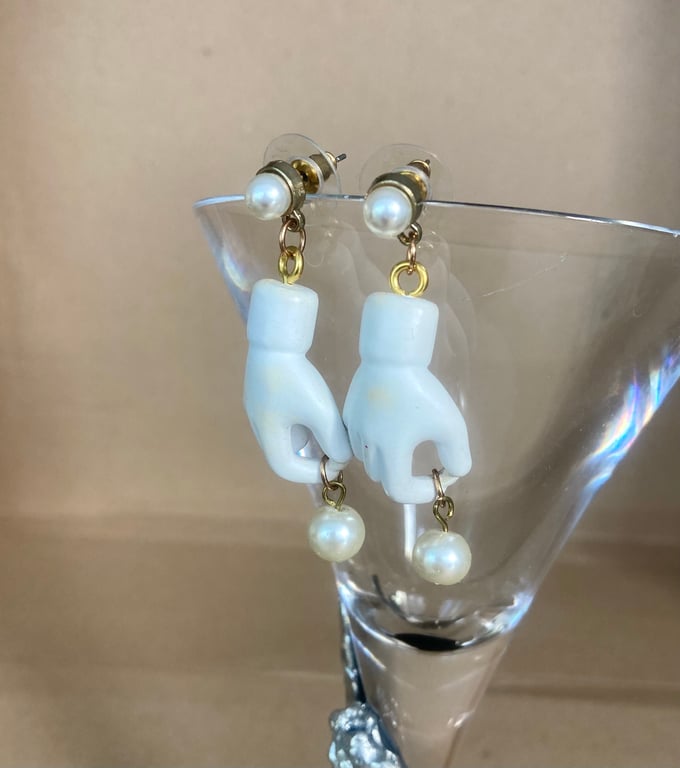 Vintage Kitsch Upcycled Ceramic Hand Faux Pearl Dangle Earrings - Creepy Fashion