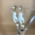 Vintage Kitsch Upcycled Ceramic Hand Faux Pearl Dangle Earrings - Creepy Fashion