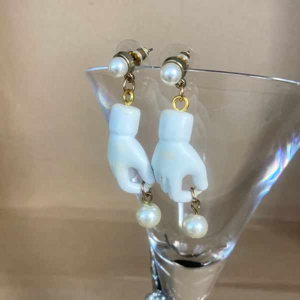 Vintage Kitsch Upcycled Ceramic Hand Faux Pearl Dangle Earrings - Creepy Fashion