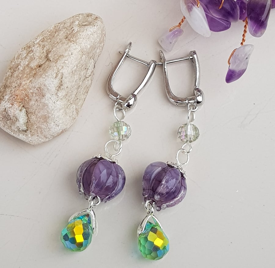 Lampwork glass flower earrings, handmade austrian glass crystal drops earrings