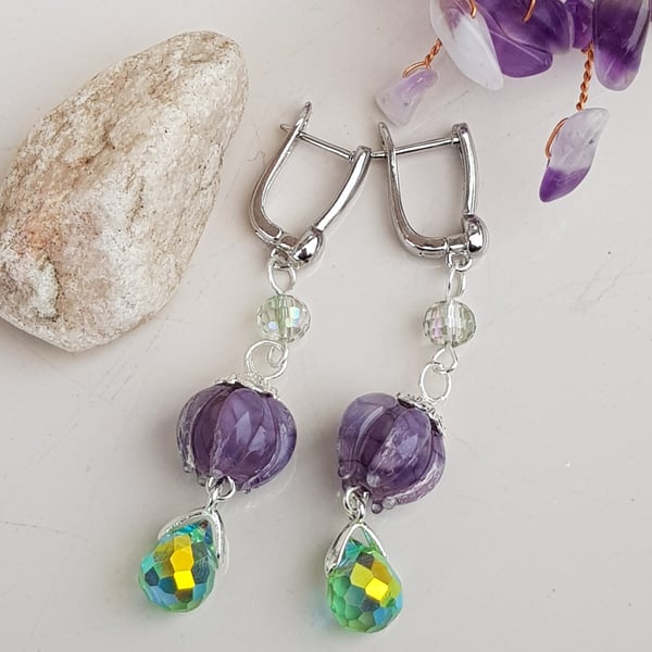 Lampwork glass flower earrings, handmade austrian glass crystal drops earrings