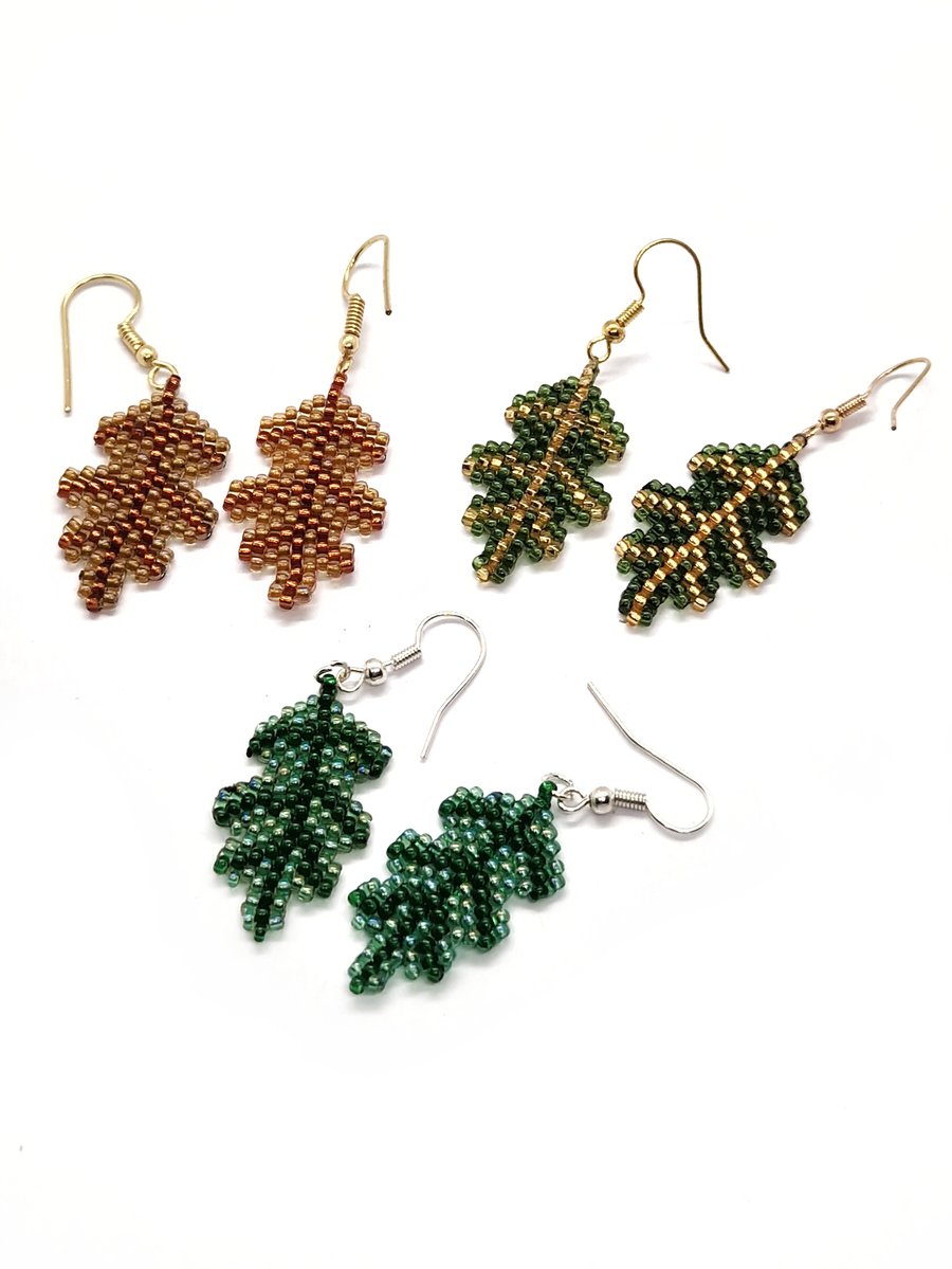 Mighty oak leaf beaded dangle earrings pair