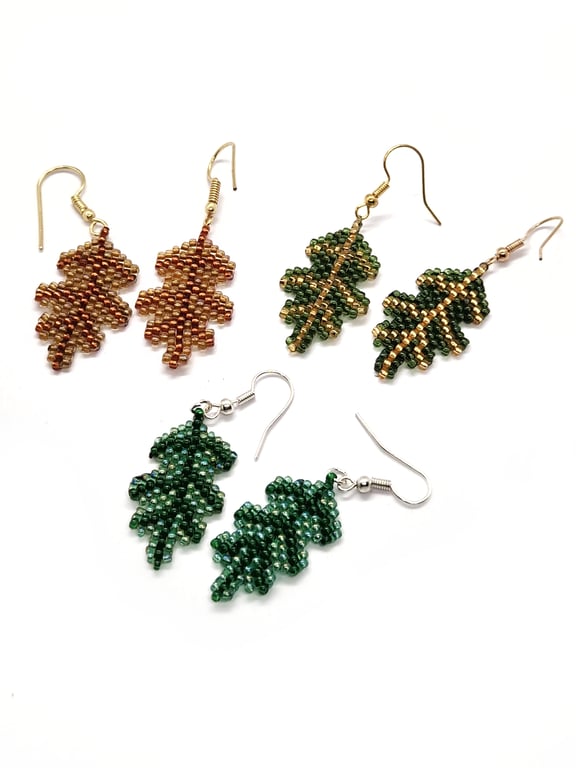Mighty oak leaf beaded dangle earrings pair