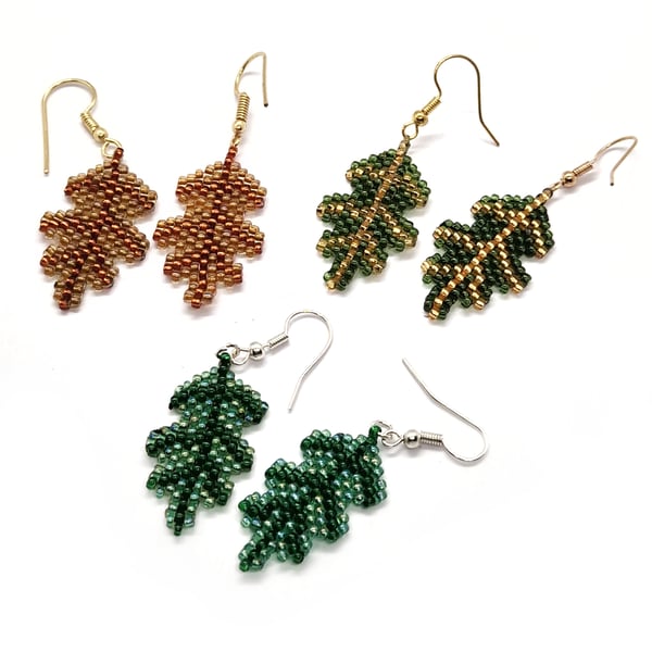 Mighty oak leaf beaded dangle earrings pair