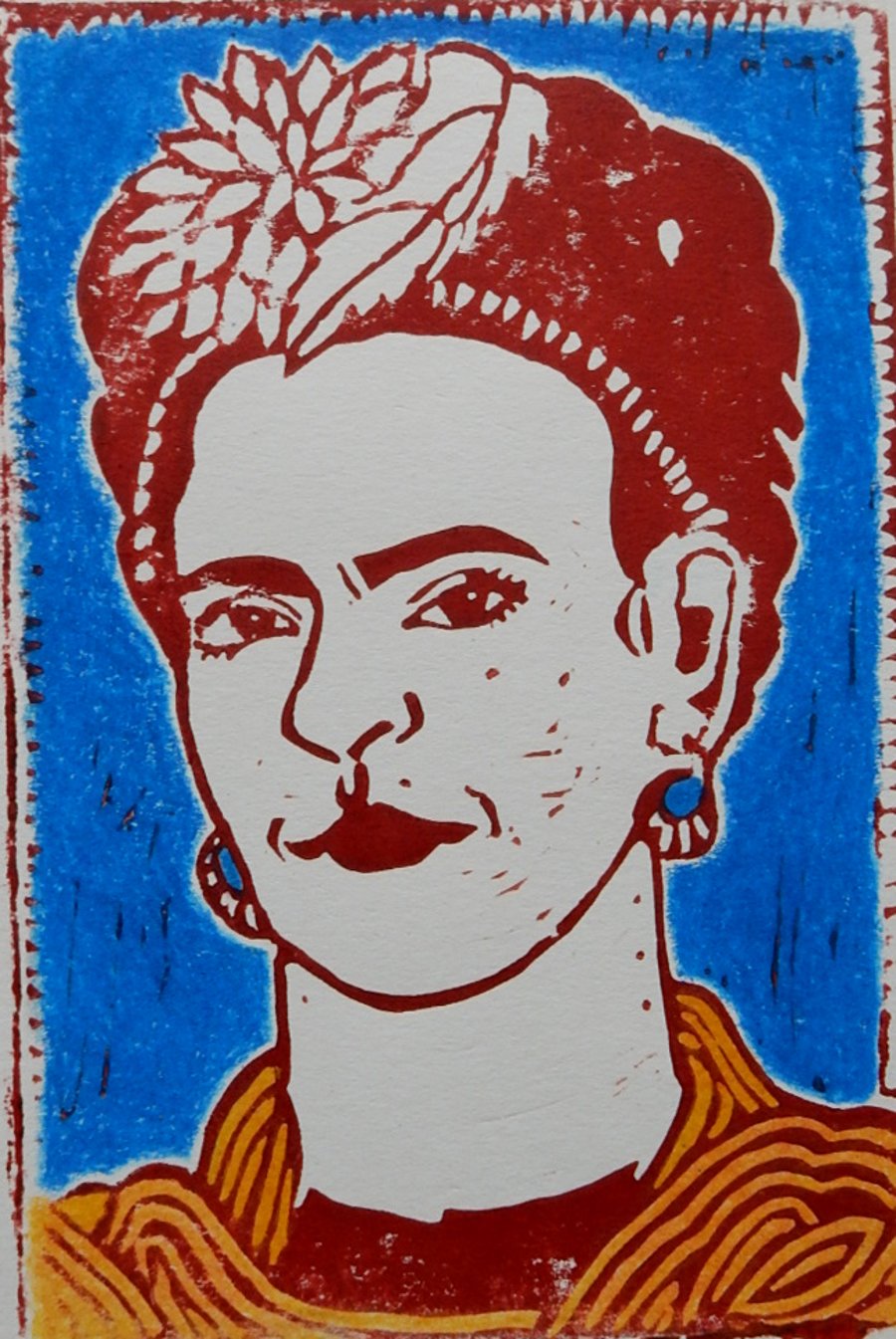 Portrait of Frida Kahlo Original Hand Pressed Linocut Print & Coloured Pencil