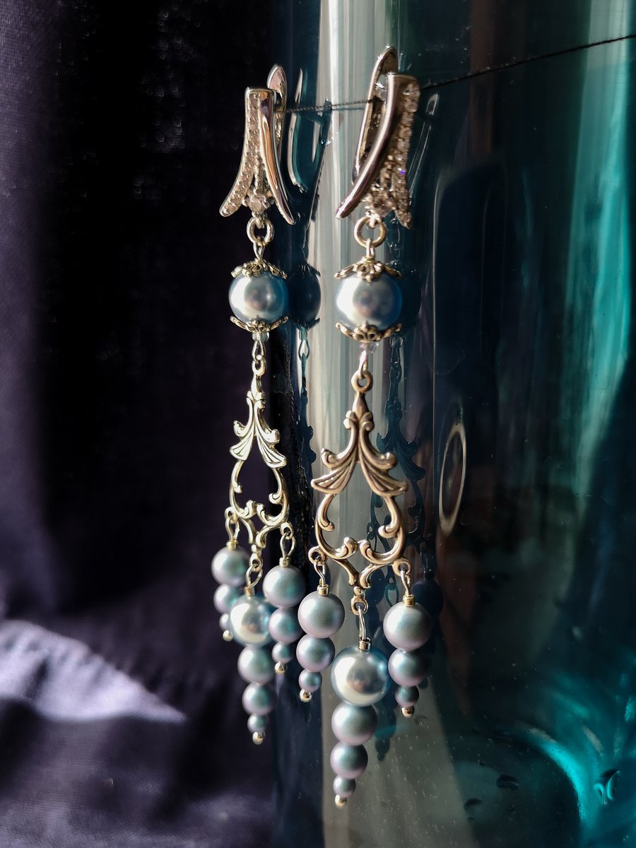 Swarovski pearl silver and blue berries chandelier drop earrings