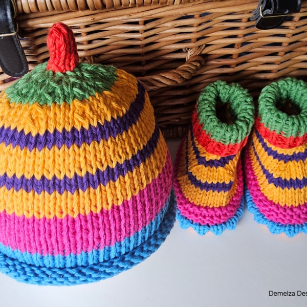 Baby Girl's Pure Cotton Beanie Hat & Booties Set 3-9 months size 