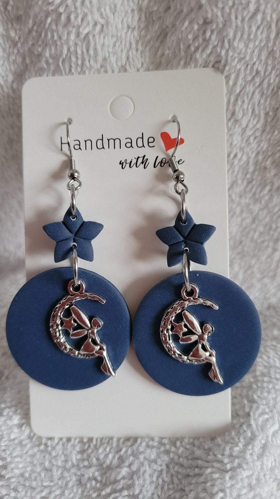 Fairy on the Moon Blue Polymer Clay Earrings.  316 Surgical Stainless Steel 