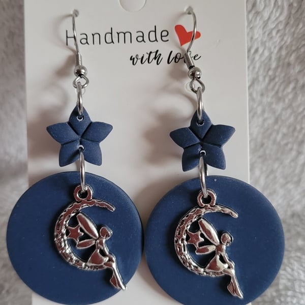 Fairy on the Moon Blue Polymer Clay Earrings.  316 Surgical Stainless Steel 