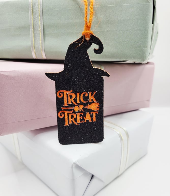 Trick or Treat Halloween Gift Tag Black & Orange Glitter Witch Hat Tag