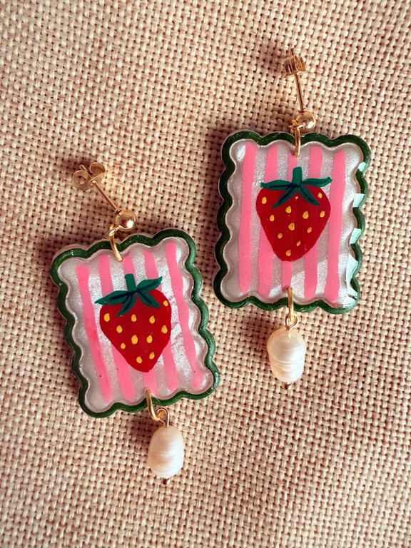 Strawberry Picnic Pearl Earrings, Hand Painted Polymer Clay Earrings