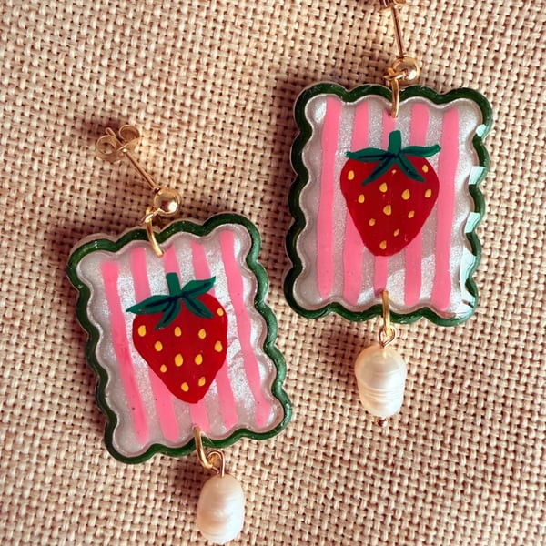 Strawberry Picnic Pearl Earrings, Hand Painted Polymer Clay Earrings
