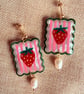 Strawberry Picnic Pearl Earrings, Hand Painted Polymer Clay Earrings