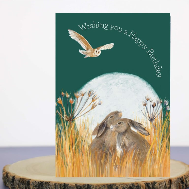Happy Birthday card -  hares moon illustration -Birthday wishes