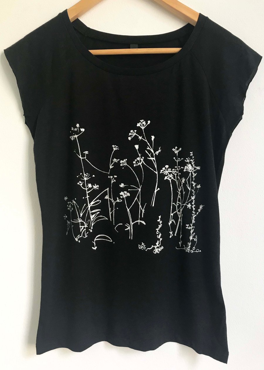 Wild Meadow Flowers Womens Bamboo black T shirt cap sleeve slim fit tunic tee 