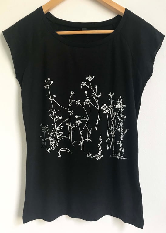Wild Meadow Flowers Womens Bamboo black T shirt cap sleeve slim fit tunic tee 
