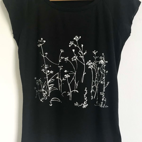 Wild Meadow Flowers Womens Bamboo and organic cotton black T shirt