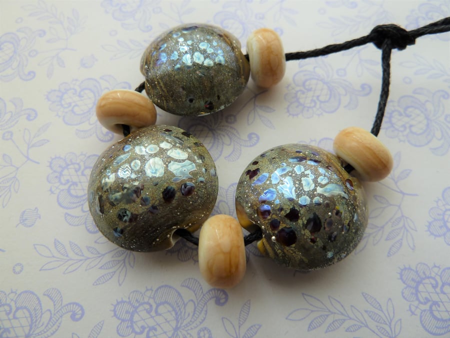 lampwork glass silver and ivory bead set
