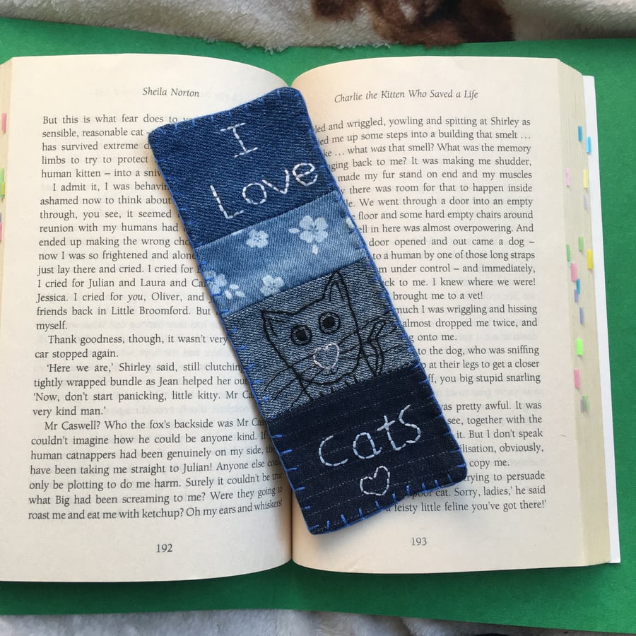 Hand Embroidered Fabric I Love Cats Bookmark