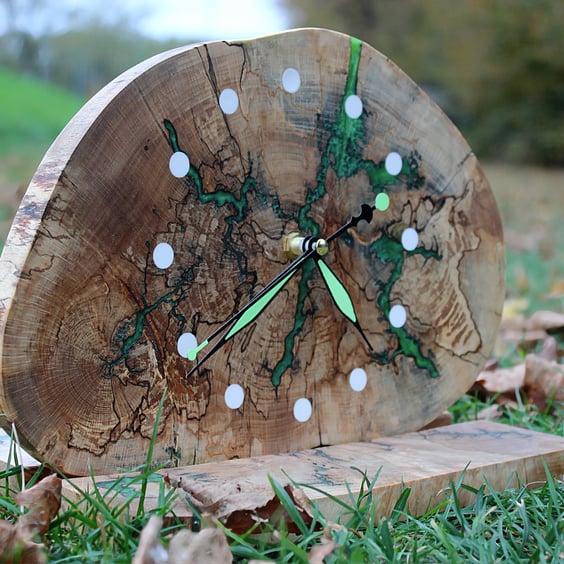 Artisan Wooden Clock with Green Resin Inlay & Lightning Pattern Fractal Design