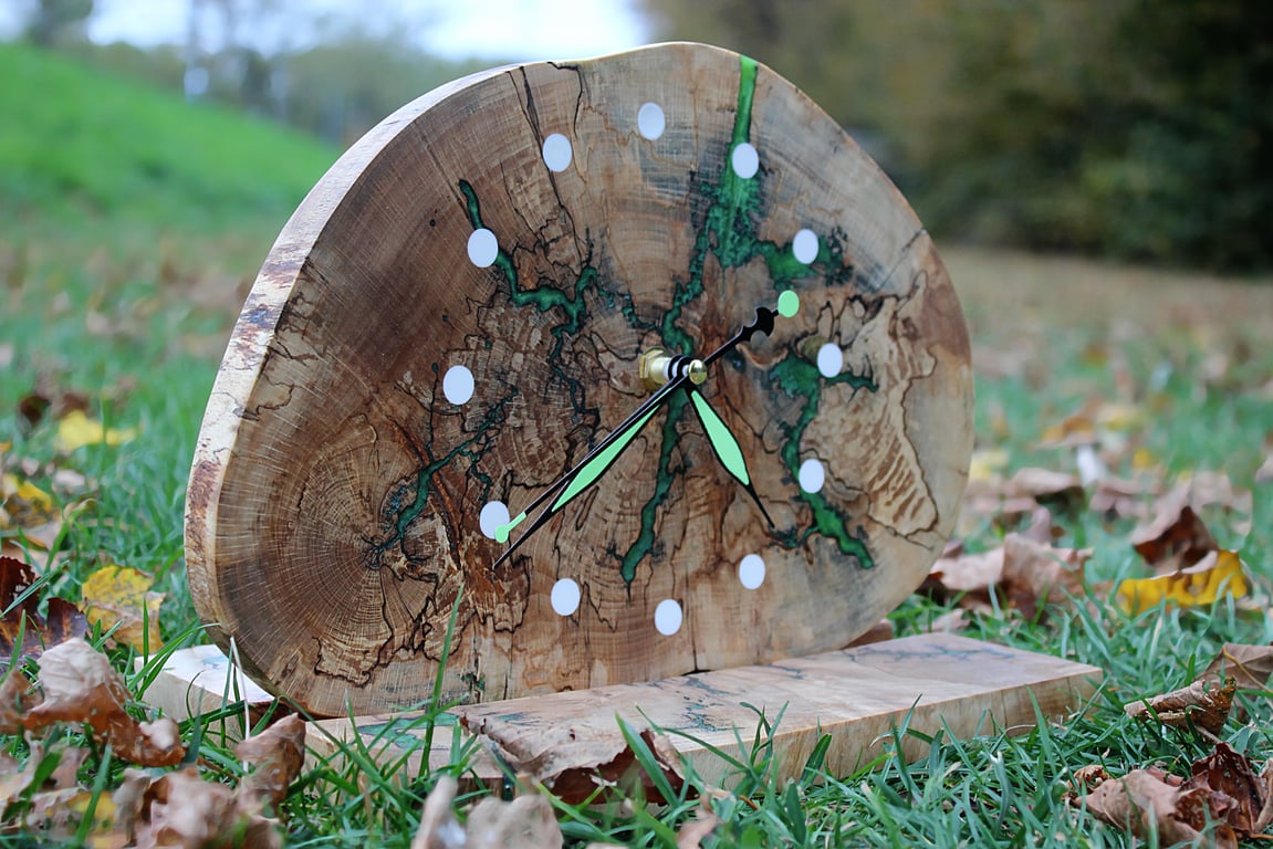 Artisan Wooden Clock with Green Resin Inlay & Lightning Pattern Fractal Design