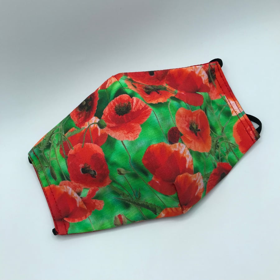 Red Poppies on Green Face Mask. Triple layered. 100 % Cotton Fabric.