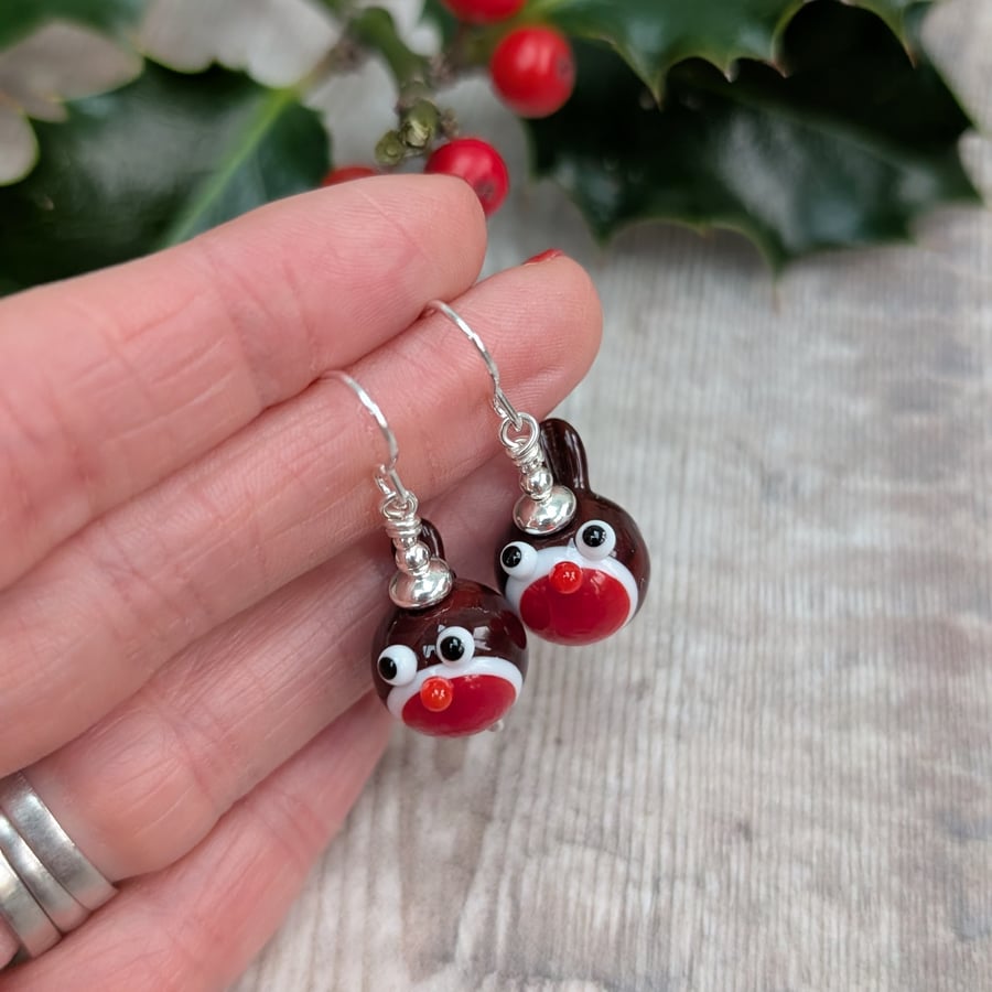 Sterling Silver Christmas Robin Lampwork Glass Bead Earrings - JBJ1072