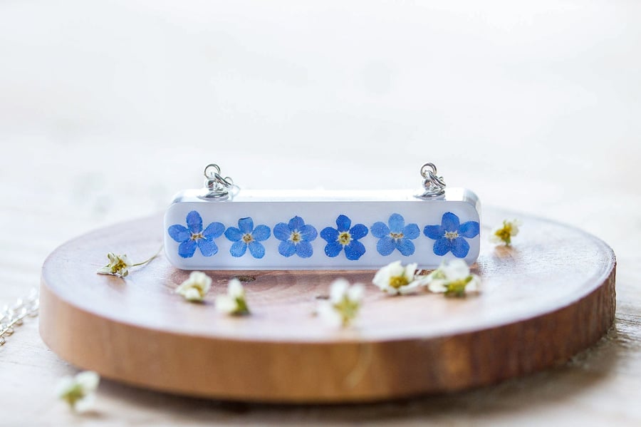 Forget Me Nots Necklace Horizontal Bar Pressed Flower Necklace Gifts For Her Som