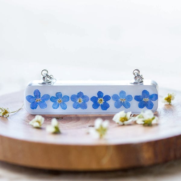 Forget Me Nots Necklace Horizontal Bar Pressed Flower Necklace Gifts For Her Som