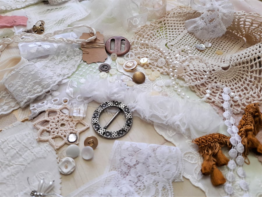 Slow stitching kit - vintage theme. Fabric remnants, fabric bundle